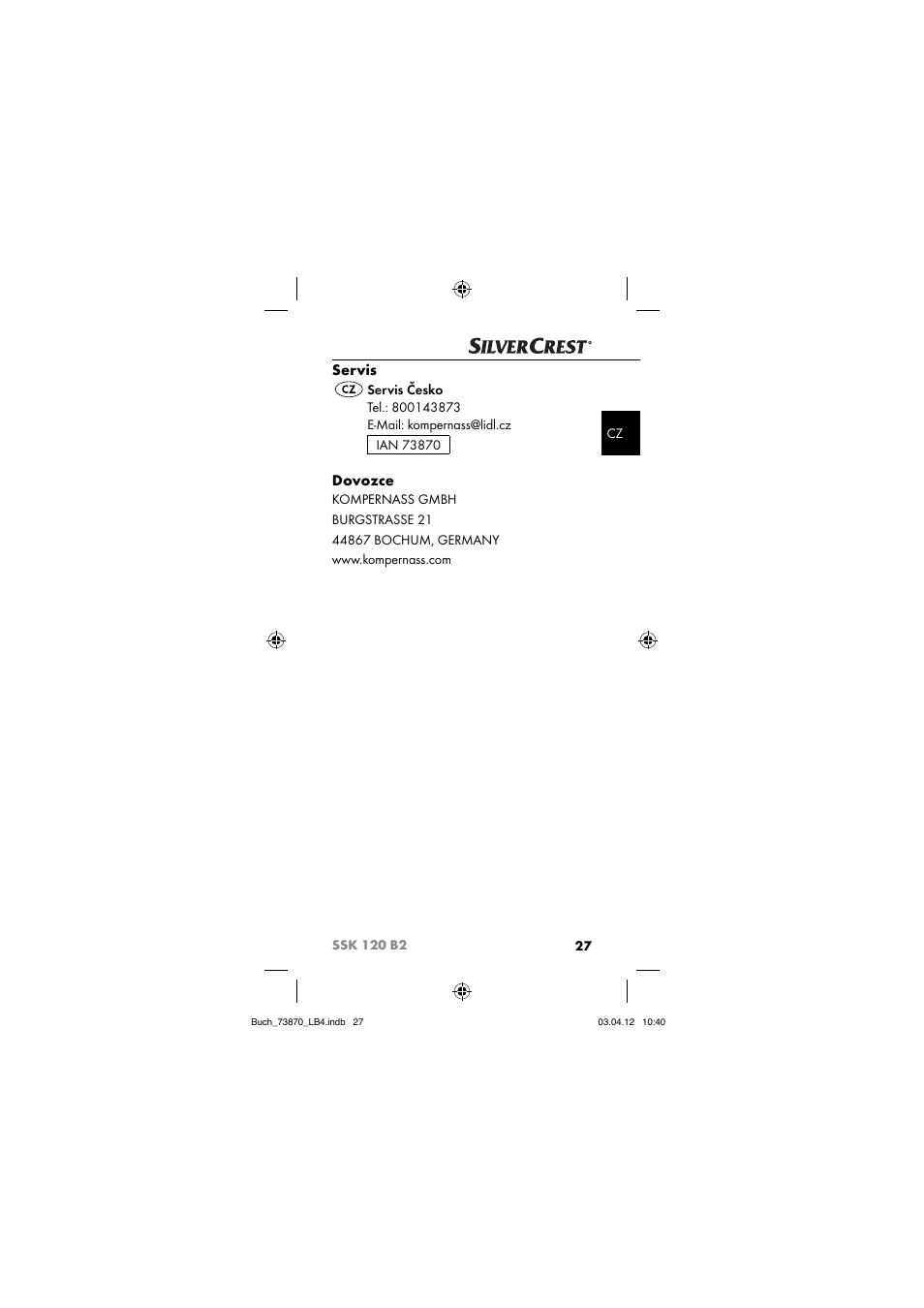 Servis, Dovozce | Silvercrest SSK 120 B2 User Manual | Page 30 / 59