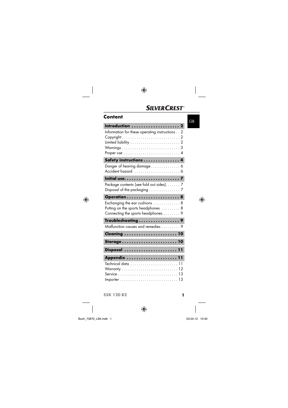 Content | Silvercrest SSK 120 B2 User Manual | Page 4 / 59