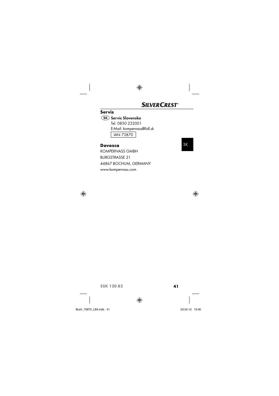 Servis, Dovozca | Silvercrest SSK 120 B2 User Manual | Page 44 / 59