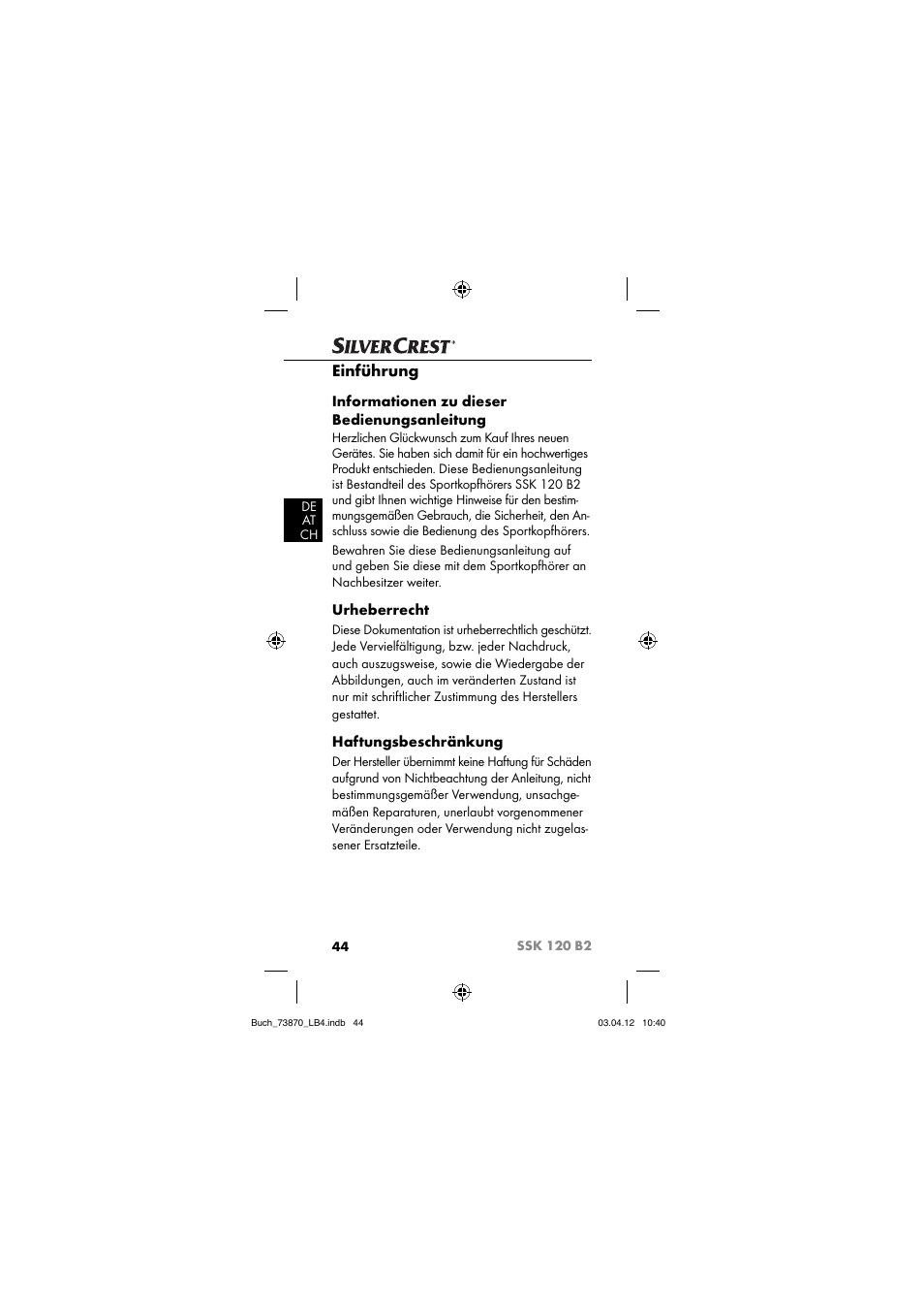 Einführung, Informationen zu dieser bedienungsanleitung, Urheberrecht | Haftungsbeschränkung | Silvercrest SSK 120 B2 User Manual | Page 47 / 59
