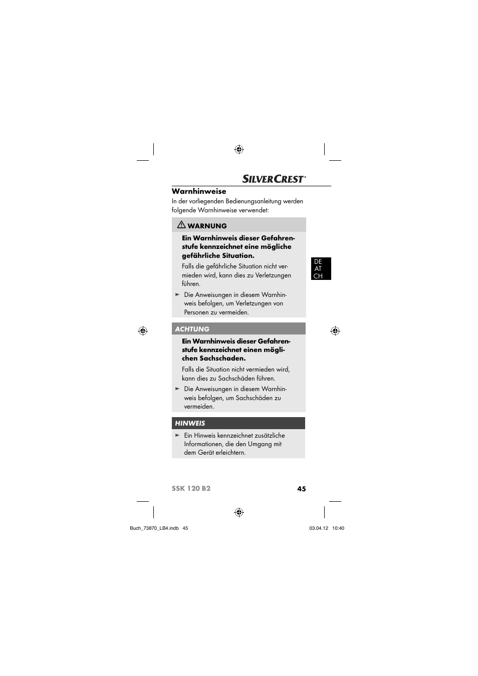 Warnhinweise | Silvercrest SSK 120 B2 User Manual | Page 48 / 59