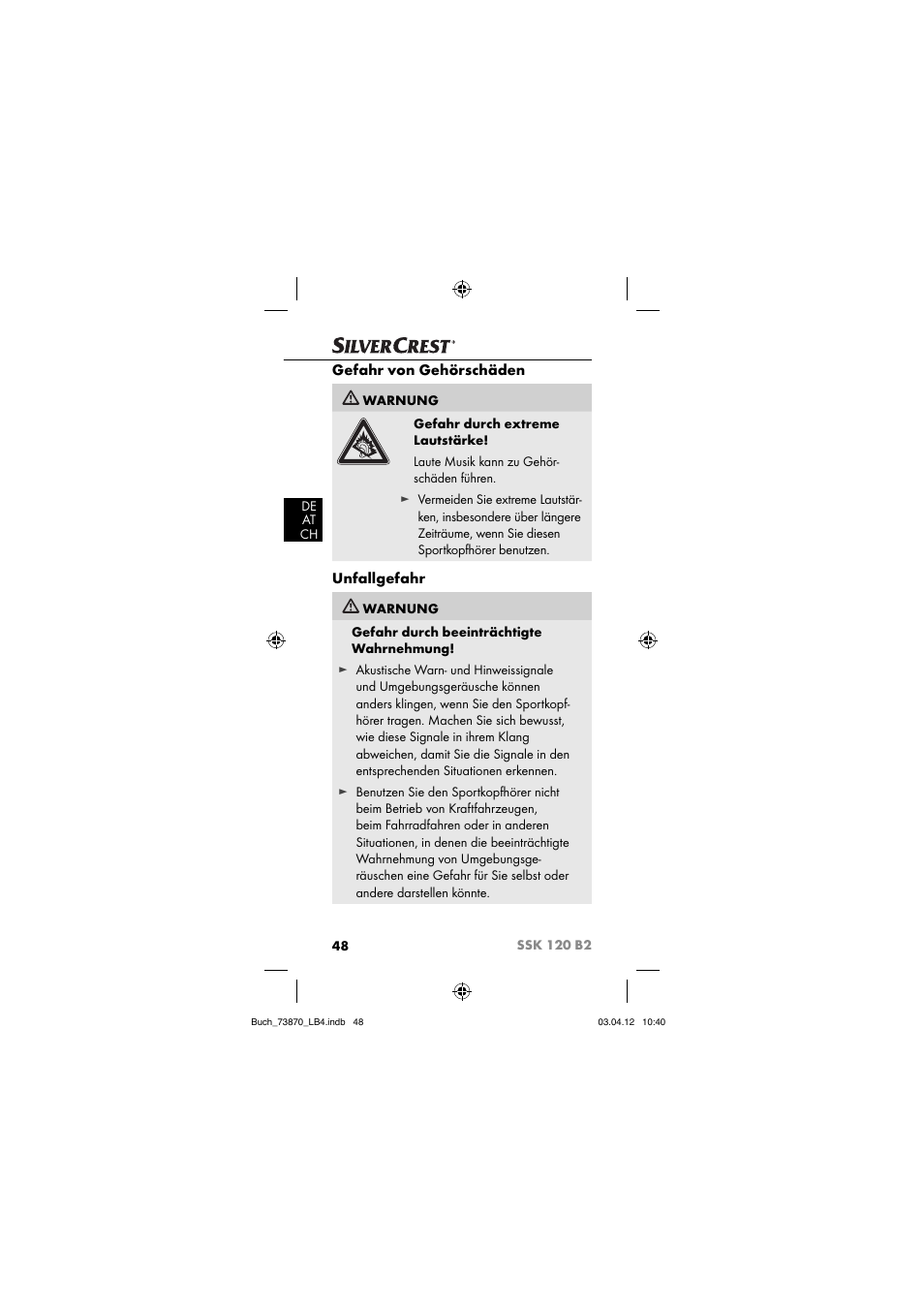 Gefahr von gehörschäden, Unfallgefahr | Silvercrest SSK 120 B2 User Manual | Page 51 / 59