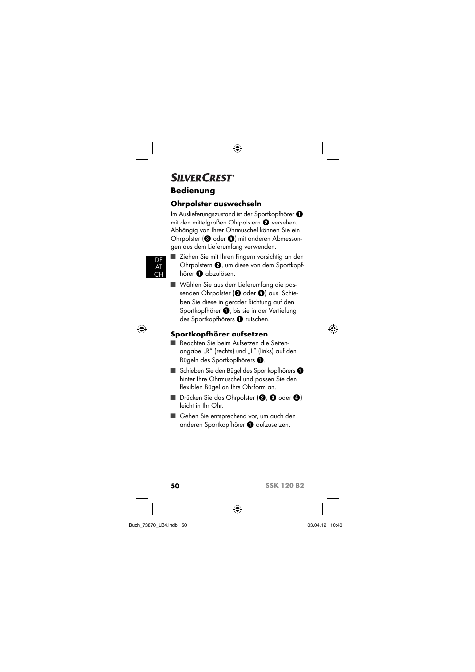 Bedienung, Ohrpolster auswechseln, Sportkopfhörer aufsetzen | Silvercrest SSK 120 B2 User Manual | Page 53 / 59