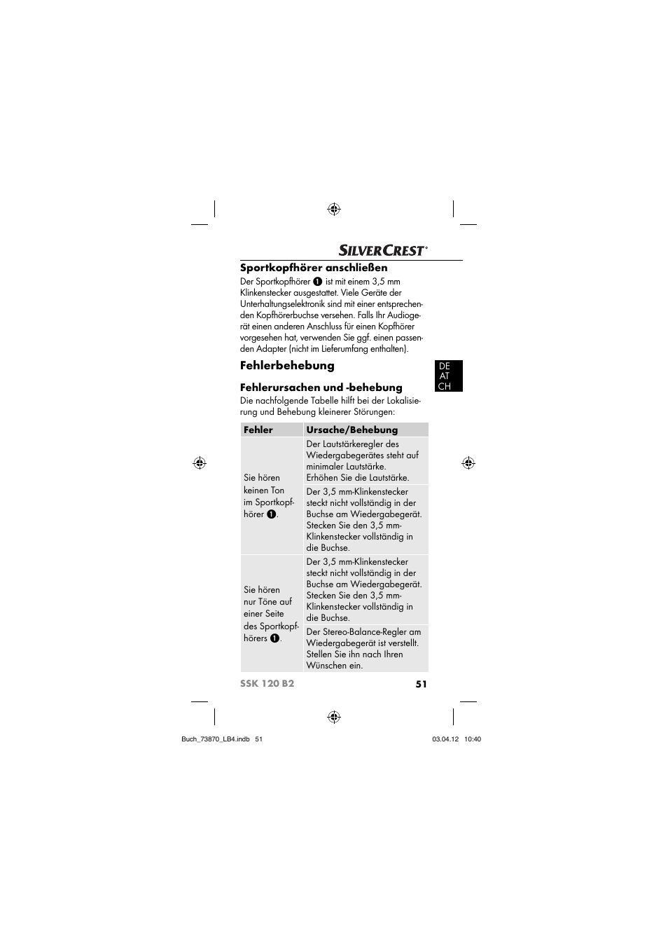 Fehlerbehebung, Sportkopfhörer anschließen, Fehlerursachen und -behebung | Silvercrest SSK 120 B2 User Manual | Page 54 / 59