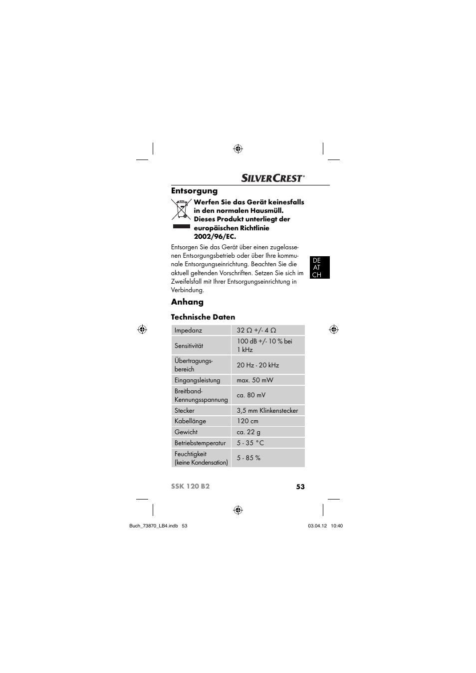 Entsorgung, Anhang, Technische daten | Silvercrest SSK 120 B2 User Manual | Page 56 / 59