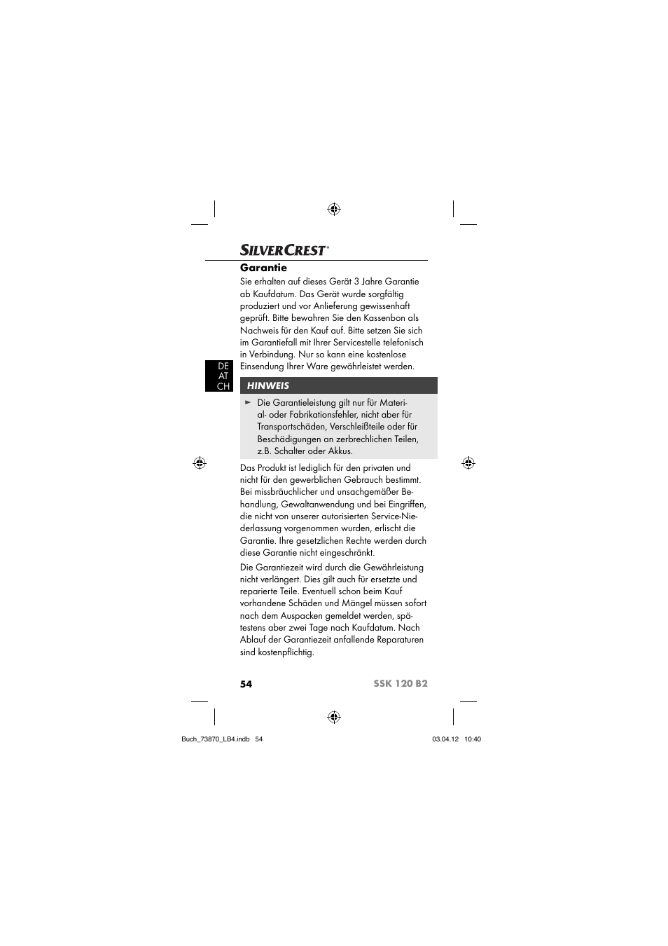 Garantie | Silvercrest SSK 120 B2 User Manual | Page 57 / 59