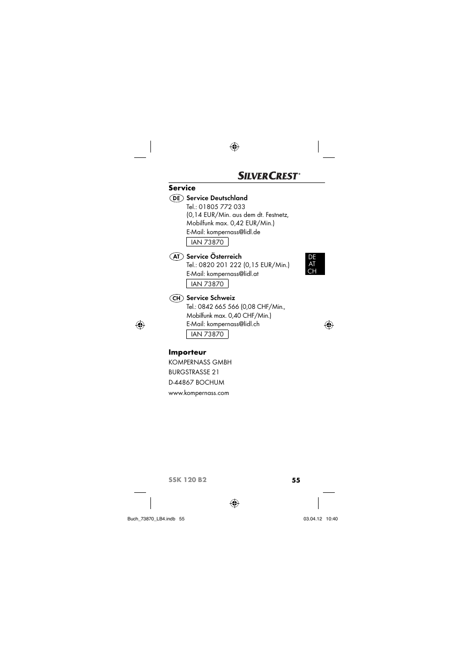 Service, Importeur | Silvercrest SSK 120 B2 User Manual | Page 58 / 59