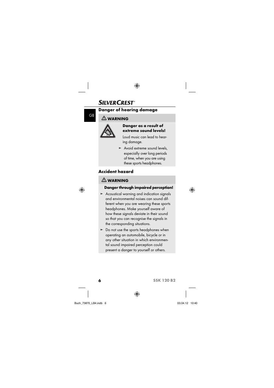 Danger of hearing damage, Accident hazard | Silvercrest SSK 120 B2 User Manual | Page 9 / 59