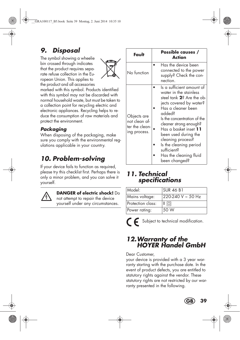 Disposal, Problem-solving, Technical specifications | Warranty of the hoyer handelgmbh | Silvercrest SUR 46 B1 User Manual | Page 41 / 54