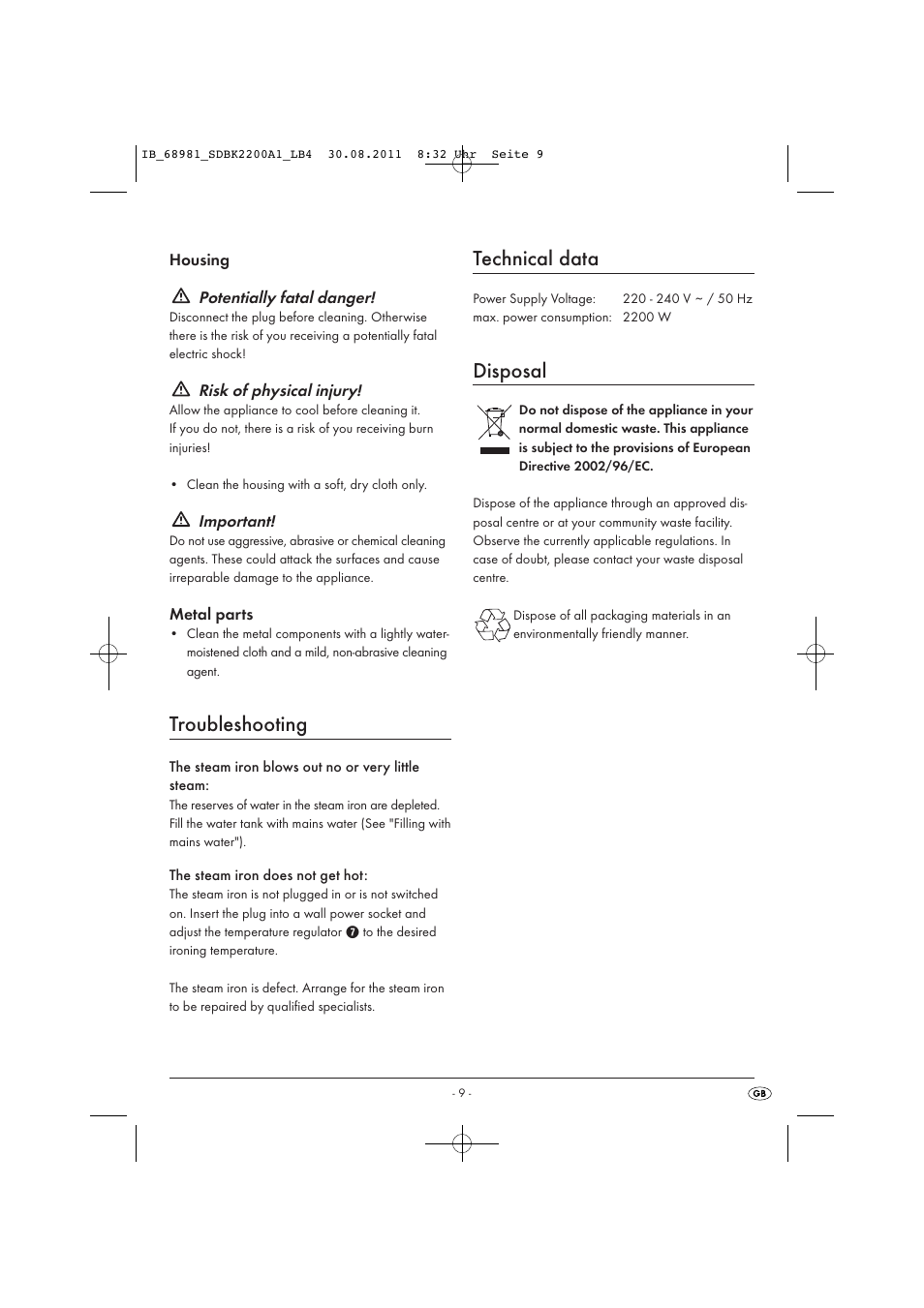 Troubleshooting, Technical data, Disposal | Silvercrest SDBK 2200 A1 User Manual | Page 11 / 72