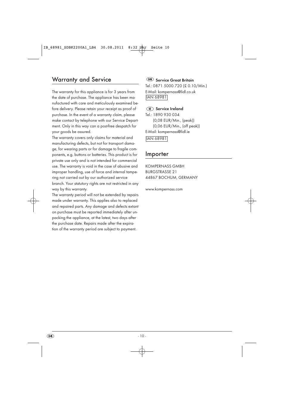 Warranty and service, Importer | Silvercrest SDBK 2200 A1 User Manual | Page 12 / 72
