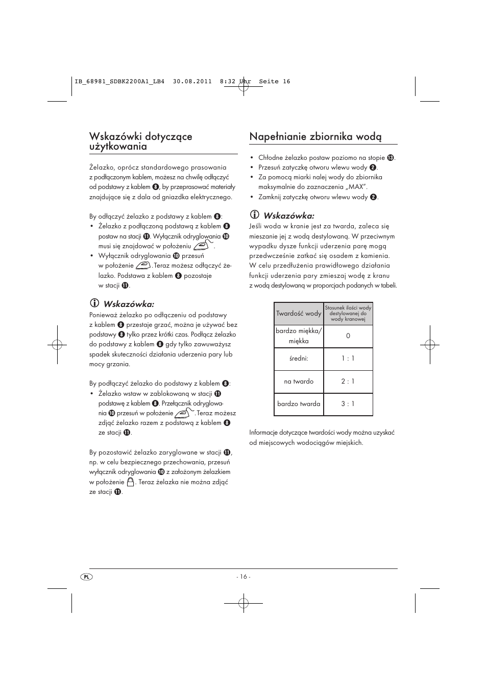 Wskazówki dotyczące użytkowania, Napełnianie zbiornika wodą, Wskazówka | Silvercrest SDBK 2200 A1 User Manual | Page 18 / 72