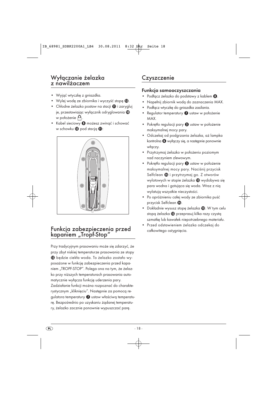 Wyłączanie żelazka z nawilżaczem, Funkcja zabezpieczenia przed kapaniem „tropf-stop, Czyszczenie | Silvercrest SDBK 2200 A1 User Manual | Page 20 / 72