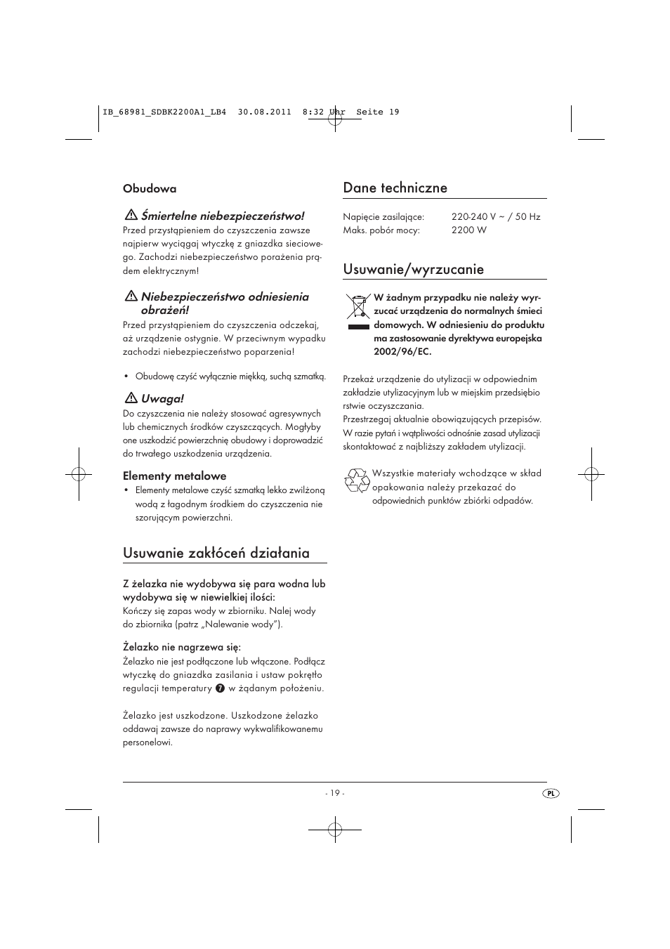 Usuwanie zakłóceń działania, Dane techniczne, Usuwanie/wyrzucanie | Silvercrest SDBK 2200 A1 User Manual | Page 21 / 72