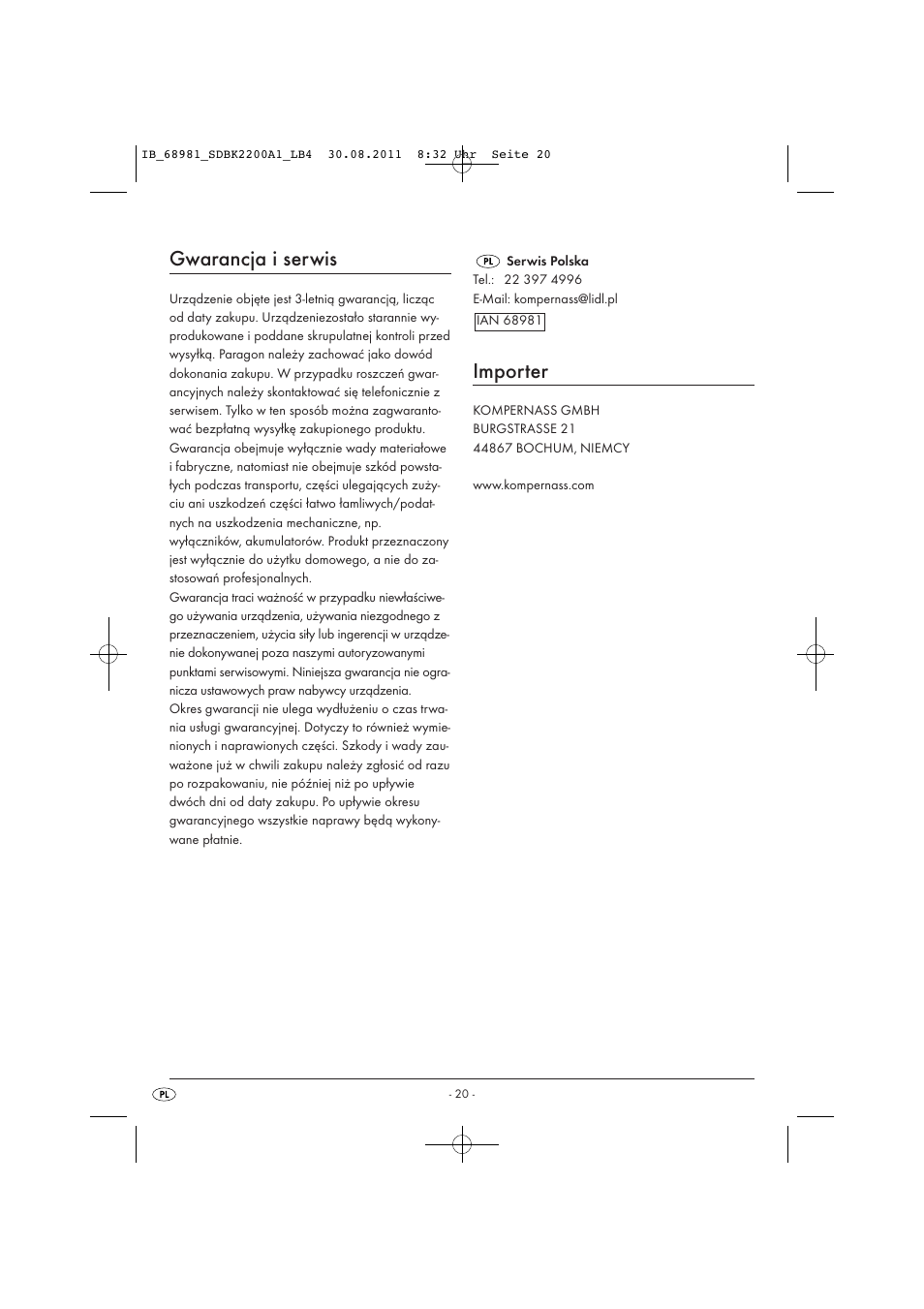 Gwarancja i serwis, Importer | Silvercrest SDBK 2200 A1 User Manual | Page 22 / 72