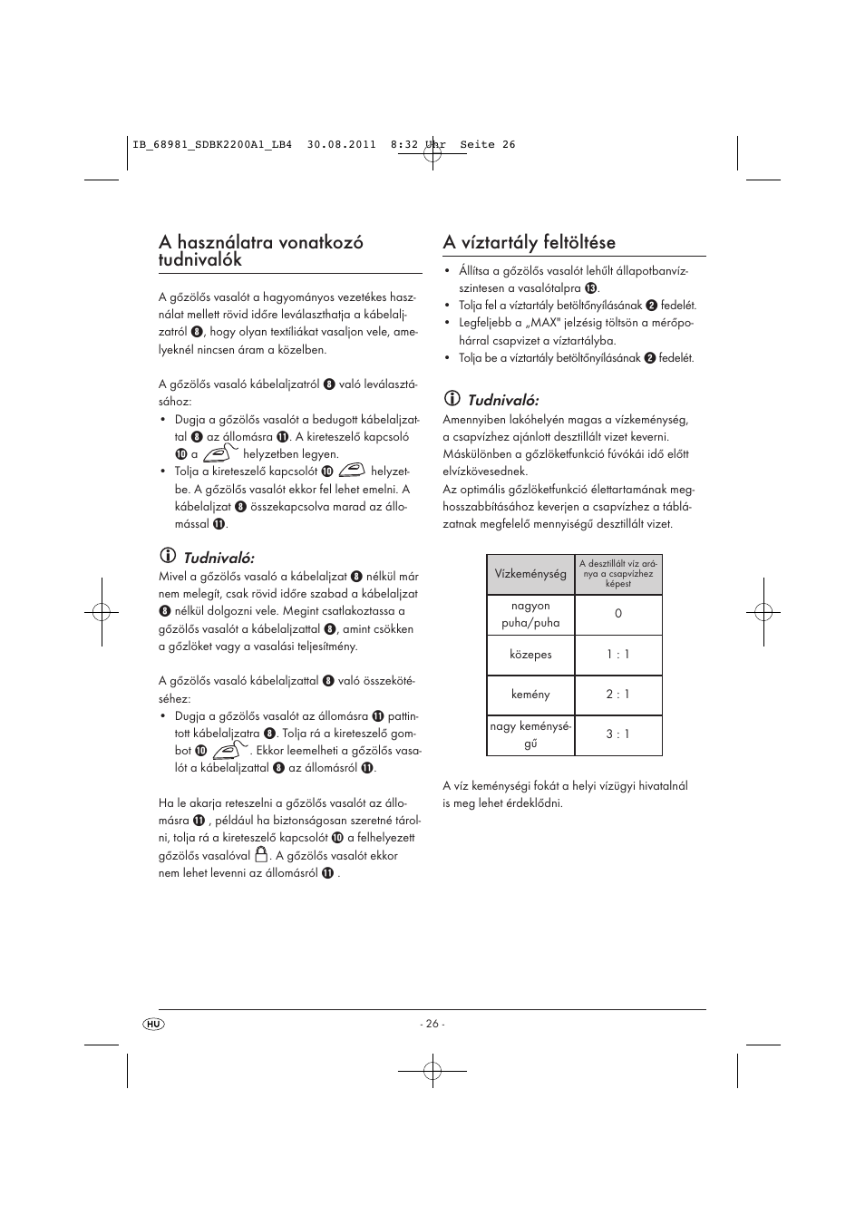 A használatra vonatkozó tudnivalók, A víztartály feltöltése, Tudnivaló | Silvercrest SDBK 2200 A1 User Manual | Page 28 / 72
