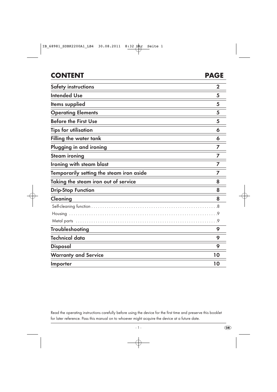 Content page | Silvercrest SDBK 2200 A1 User Manual | Page 3 / 72