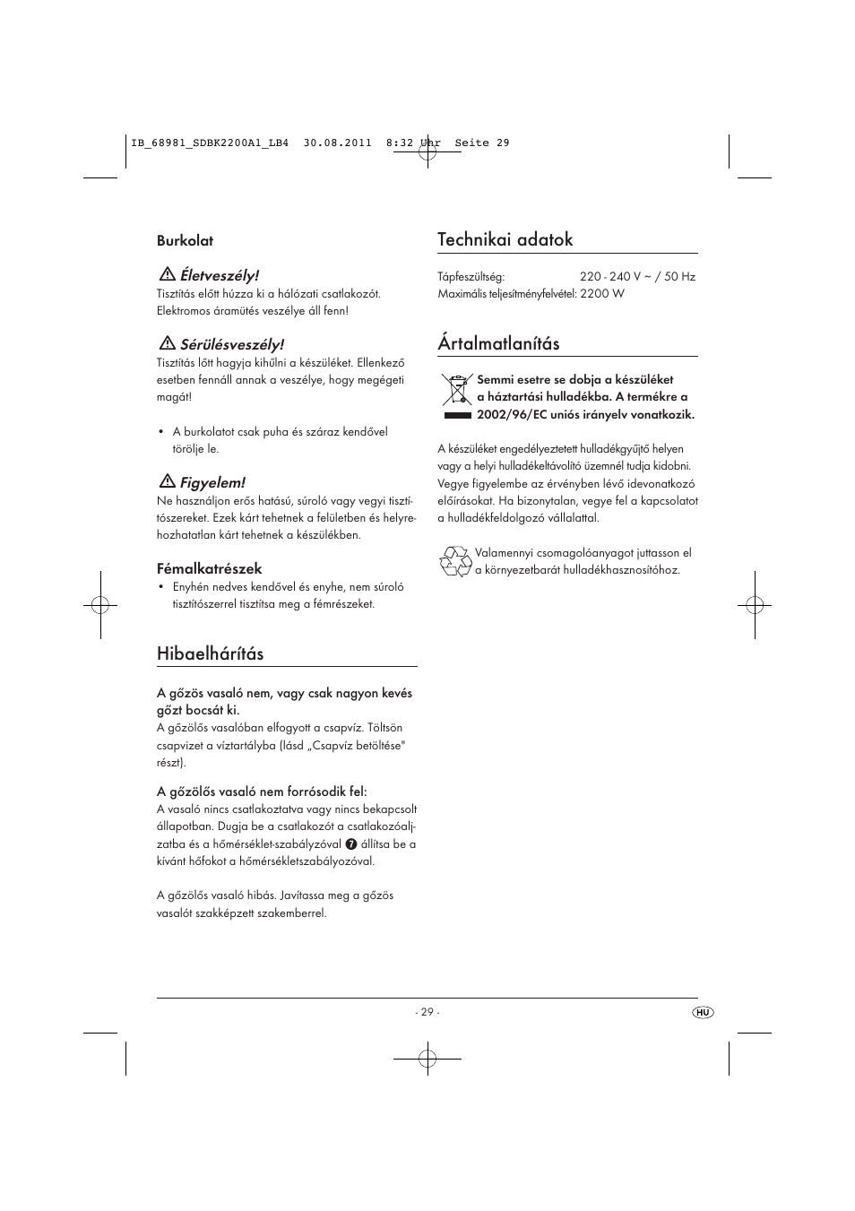 Hibaelhárítás, Technikai adatok, Ártalmatlanítás | Silvercrest SDBK 2200 A1 User Manual | Page 31 / 72