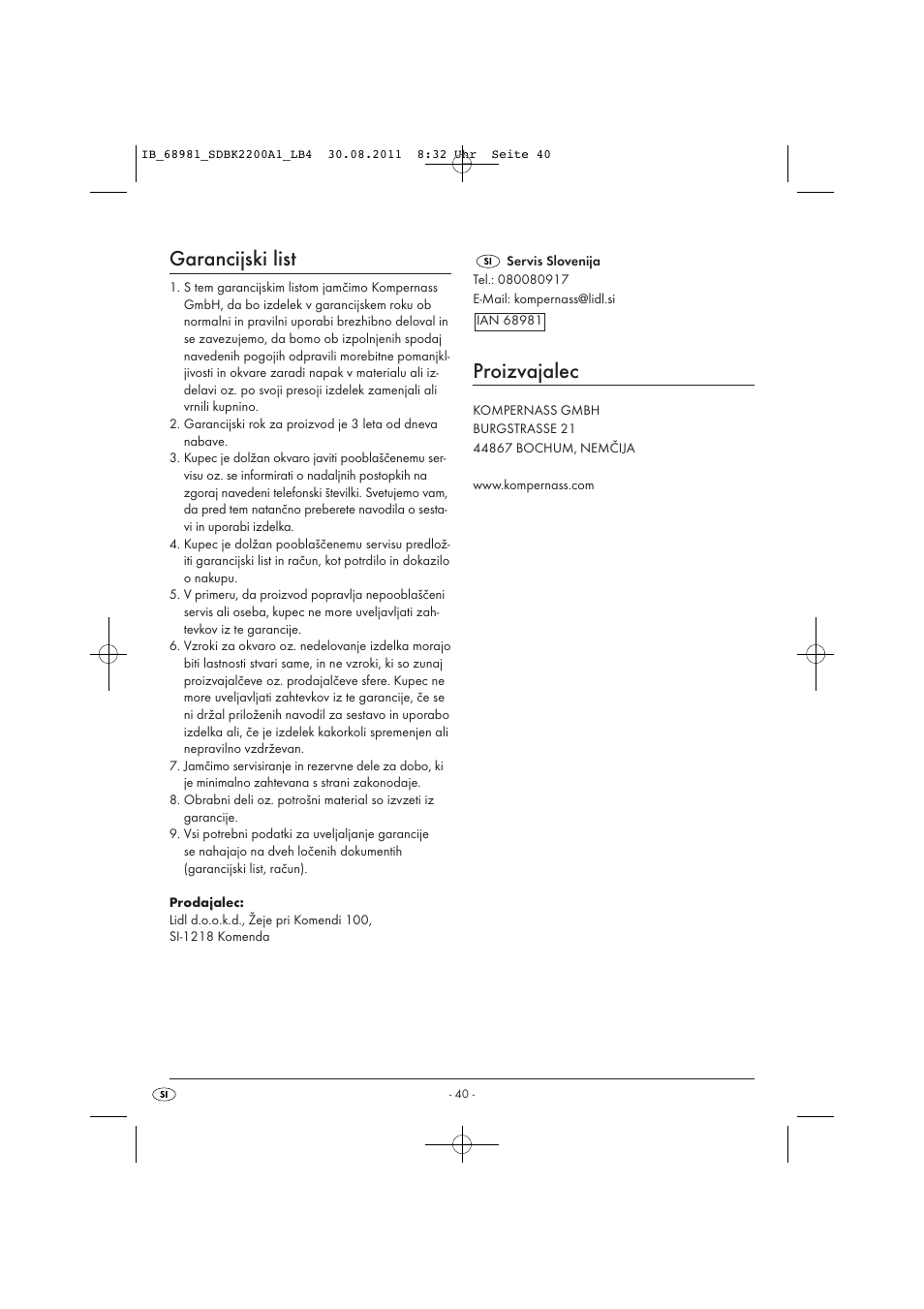 Garancijski list, Proizvajalec | Silvercrest SDBK 2200 A1 User Manual | Page 42 / 72