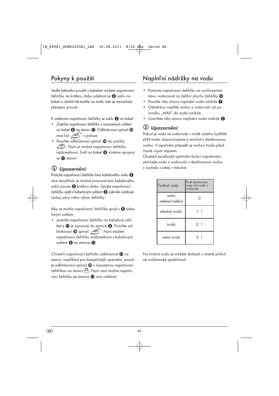 Pokyny k použití, Naplnľní nádržky na vodu, Upozornění | Silvercrest SDBK 2200 A1 User Manual | Page 48 / 72