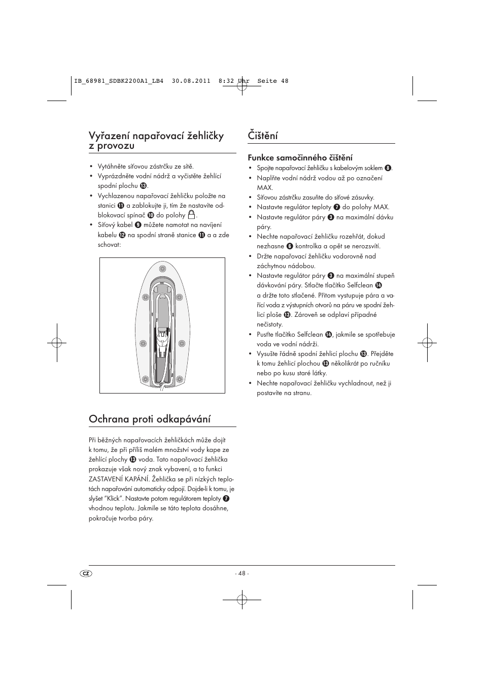 Vyřazení napařovací žehličky z provozu, Ochrana proti odkapávání, Čištění | Funkce samočinného čištění | Silvercrest SDBK 2200 A1 User Manual | Page 50 / 72