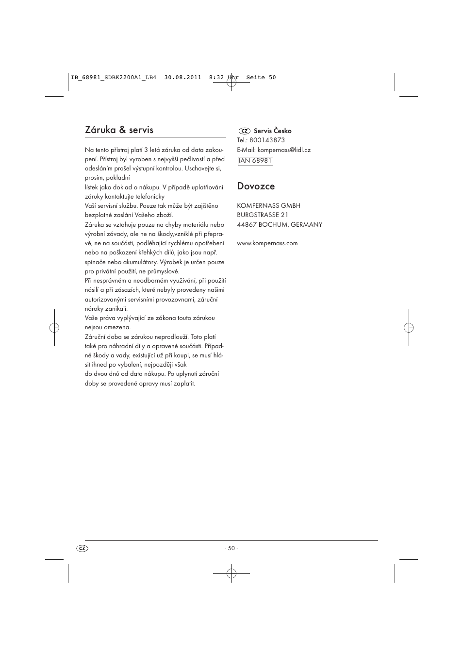 Záruka & servis, Dovozce | Silvercrest SDBK 2200 A1 User Manual | Page 52 / 72