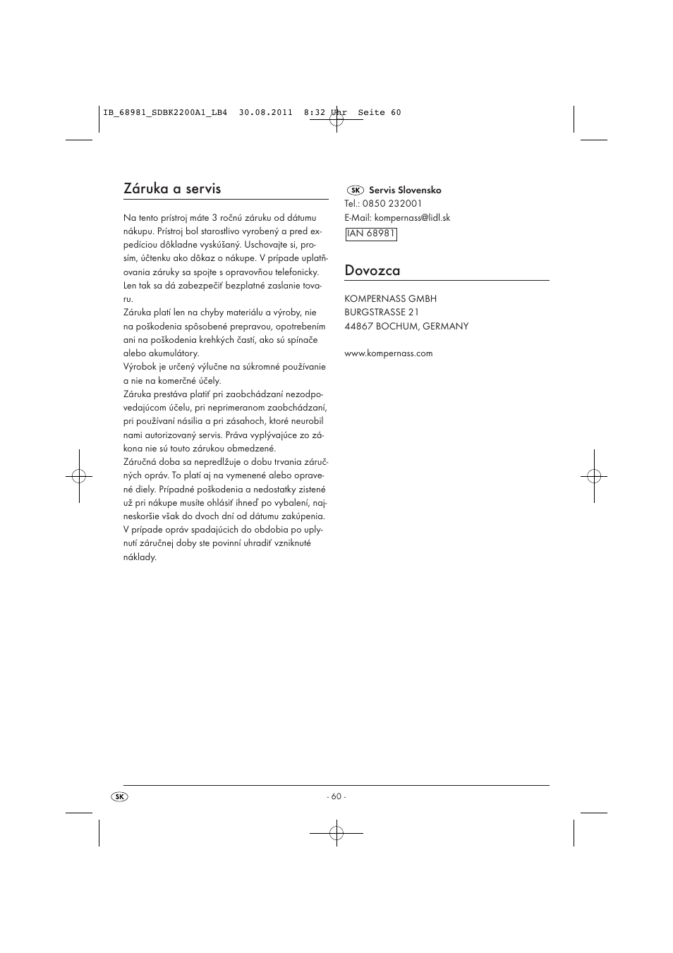 Záruka a servis, Dovozca | Silvercrest SDBK 2200 A1 User Manual | Page 62 / 72