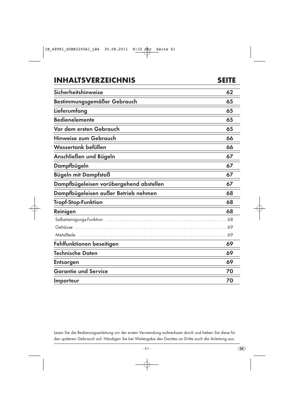 Inhaltsverzeichnis seite | Silvercrest SDBK 2200 A1 User Manual | Page 63 / 72