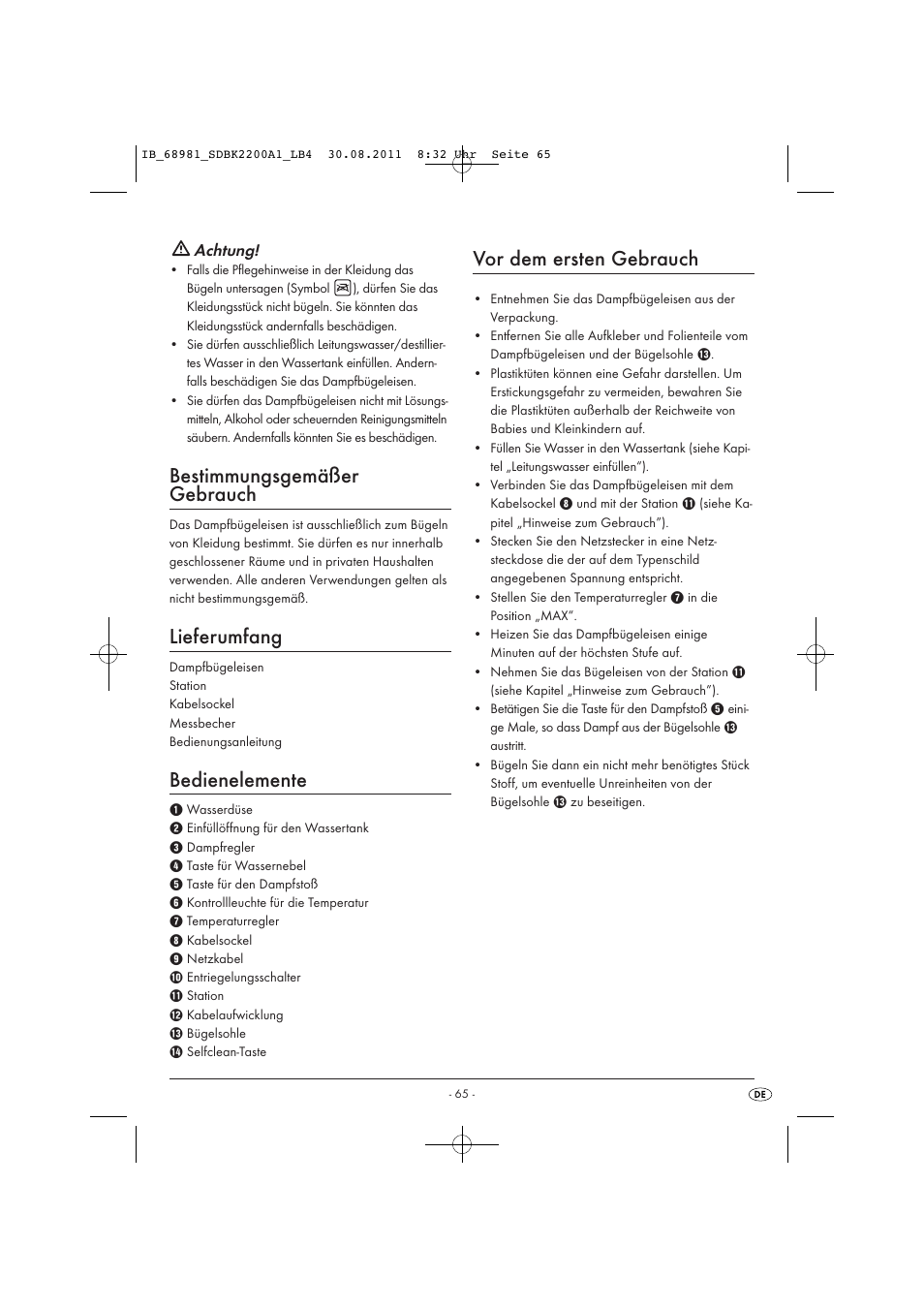 Bestimmungsgemäßer gebrauch, Lieferumfang, Bedienelemente | Vor dem ersten gebrauch, Achtung | Silvercrest SDBK 2200 A1 User Manual | Page 67 / 72