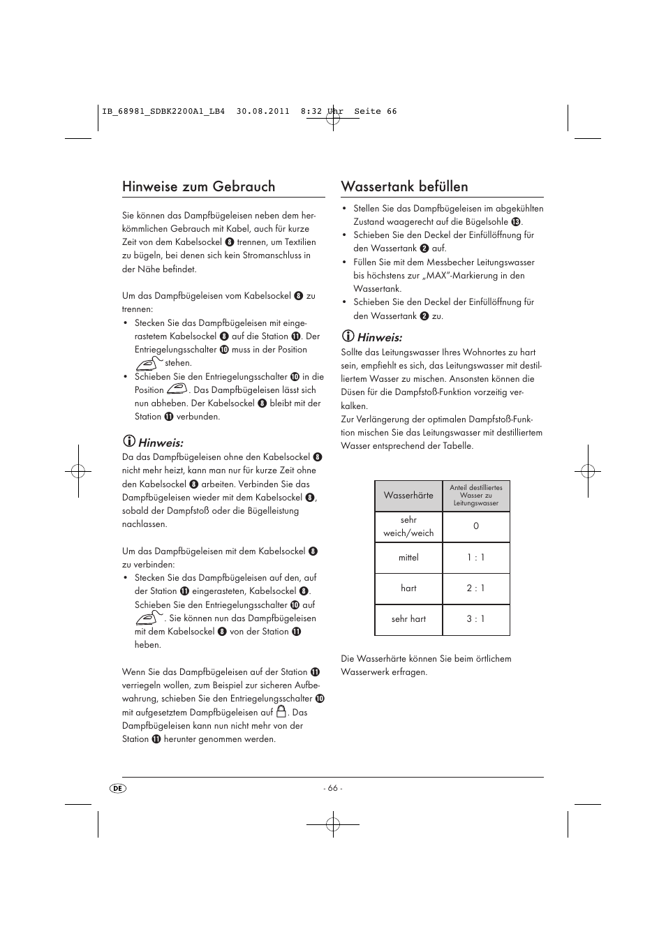 Hinweise zum gebrauch, Wassertank befüllen, Hinweis | Silvercrest SDBK 2200 A1 User Manual | Page 68 / 72