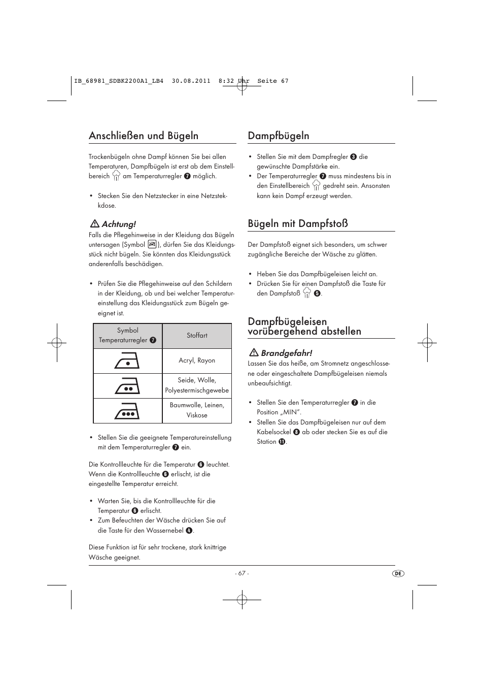 Anschließen und bügeln, Dampfbügeln, Bügeln mit dampfstoß | Dampfbügeleisen vorübergehend abstellen, Achtung, Brandgefahr | Silvercrest SDBK 2200 A1 User Manual | Page 69 / 72