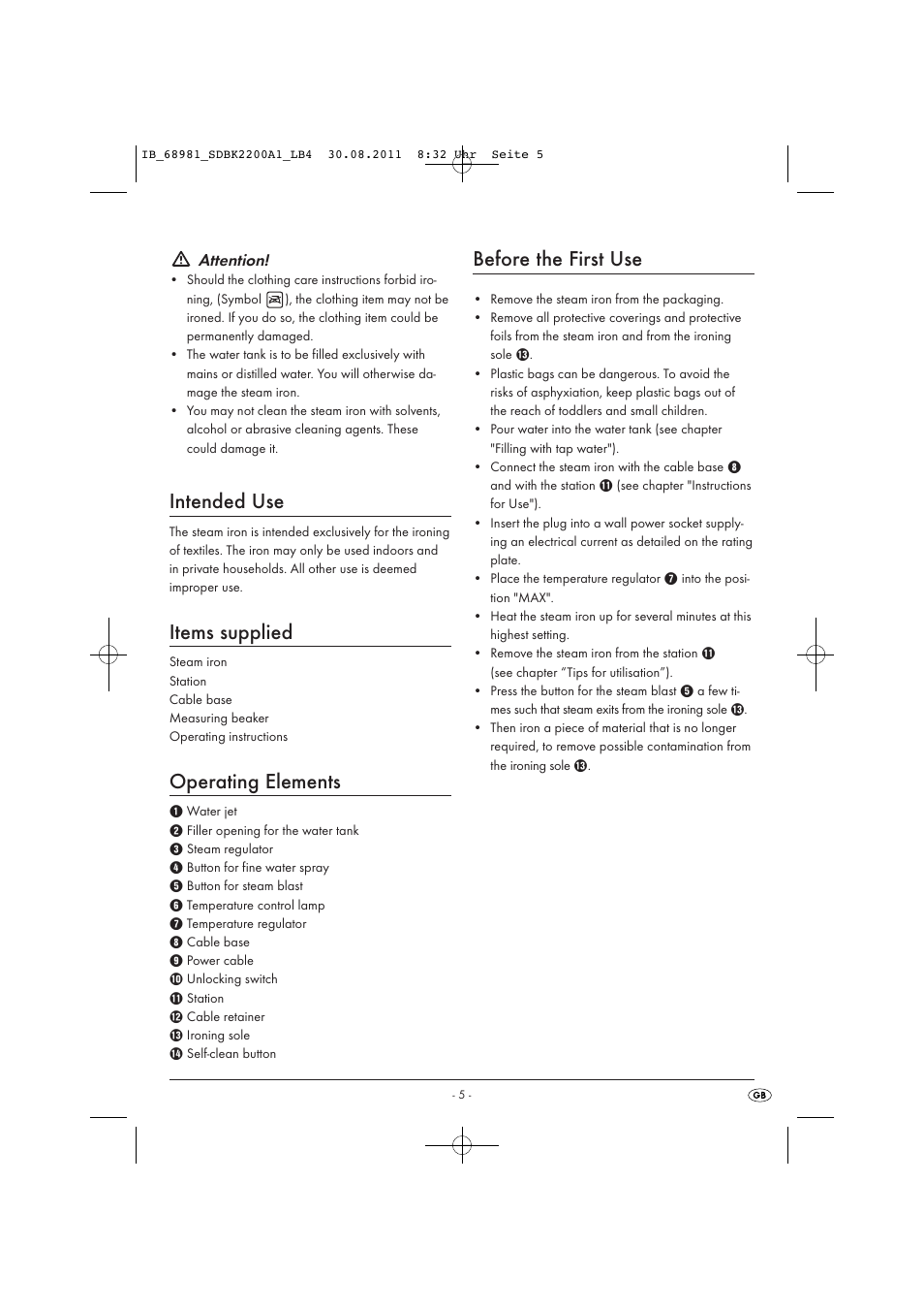 Intended use, Items supplied, Operating elements | Before the first use, Attention | Silvercrest SDBK 2200 A1 User Manual | Page 7 / 72