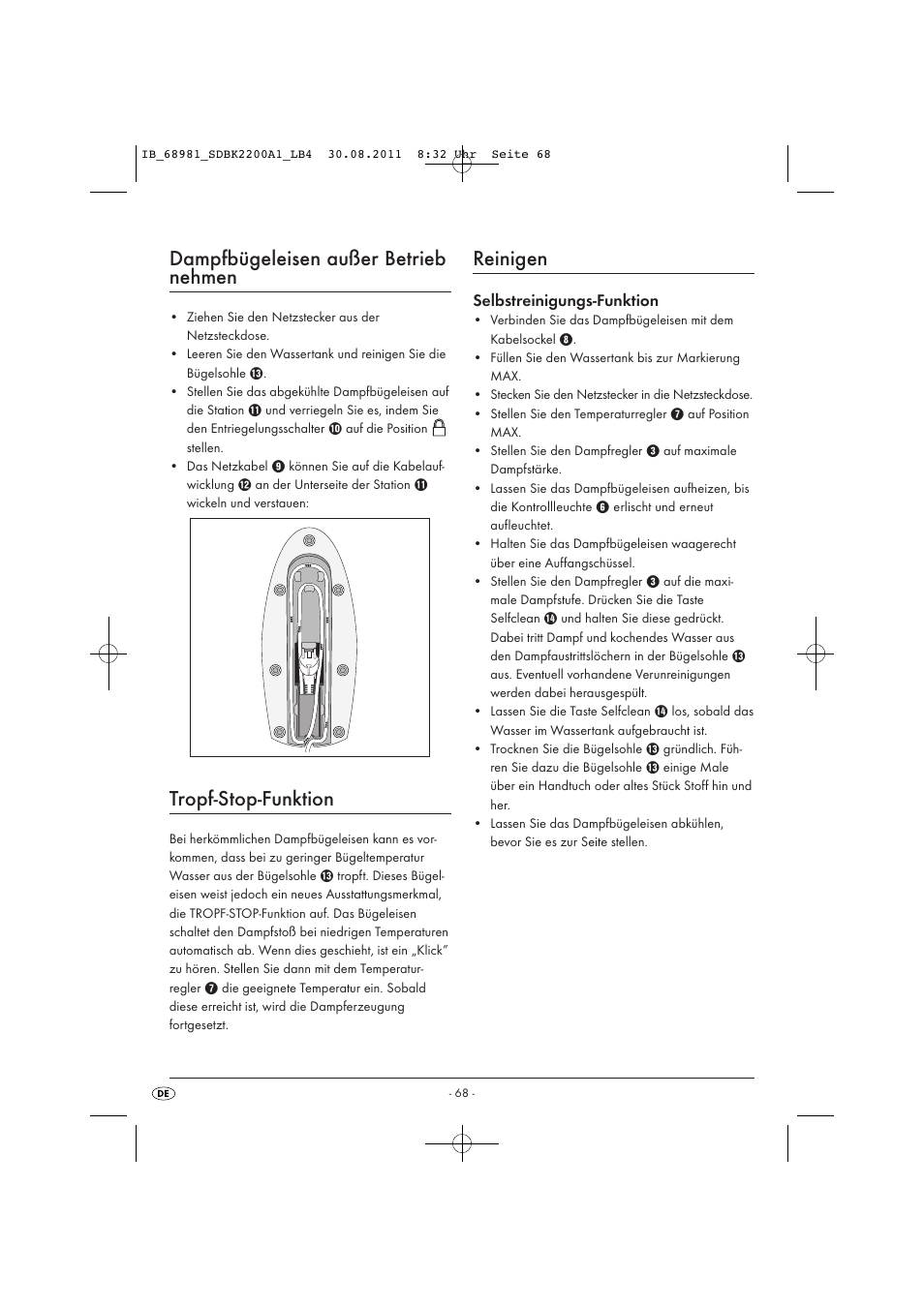 Dampfbügeleisen außer betrieb nehmen, Tropf-stop-funktion, Reinigen | Selbstreinigungs-funktion | Silvercrest SDBK 2200 A1 User Manual | Page 70 / 72
