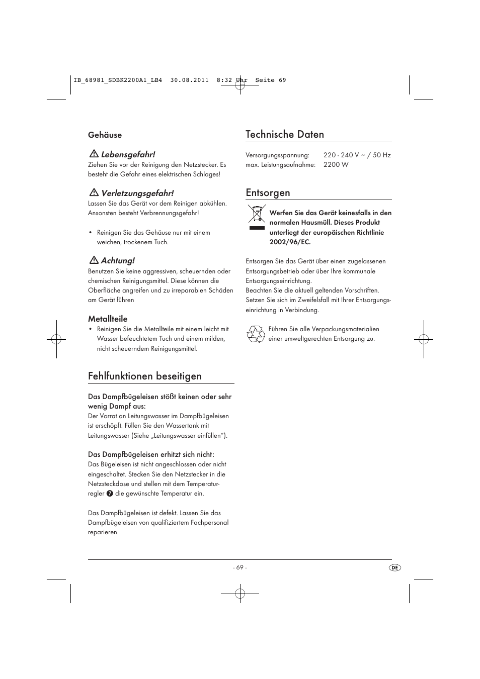 Fehlfunktionen beseitigen, Technische daten, Entsorgen | Silvercrest SDBK 2200 A1 User Manual | Page 71 / 72