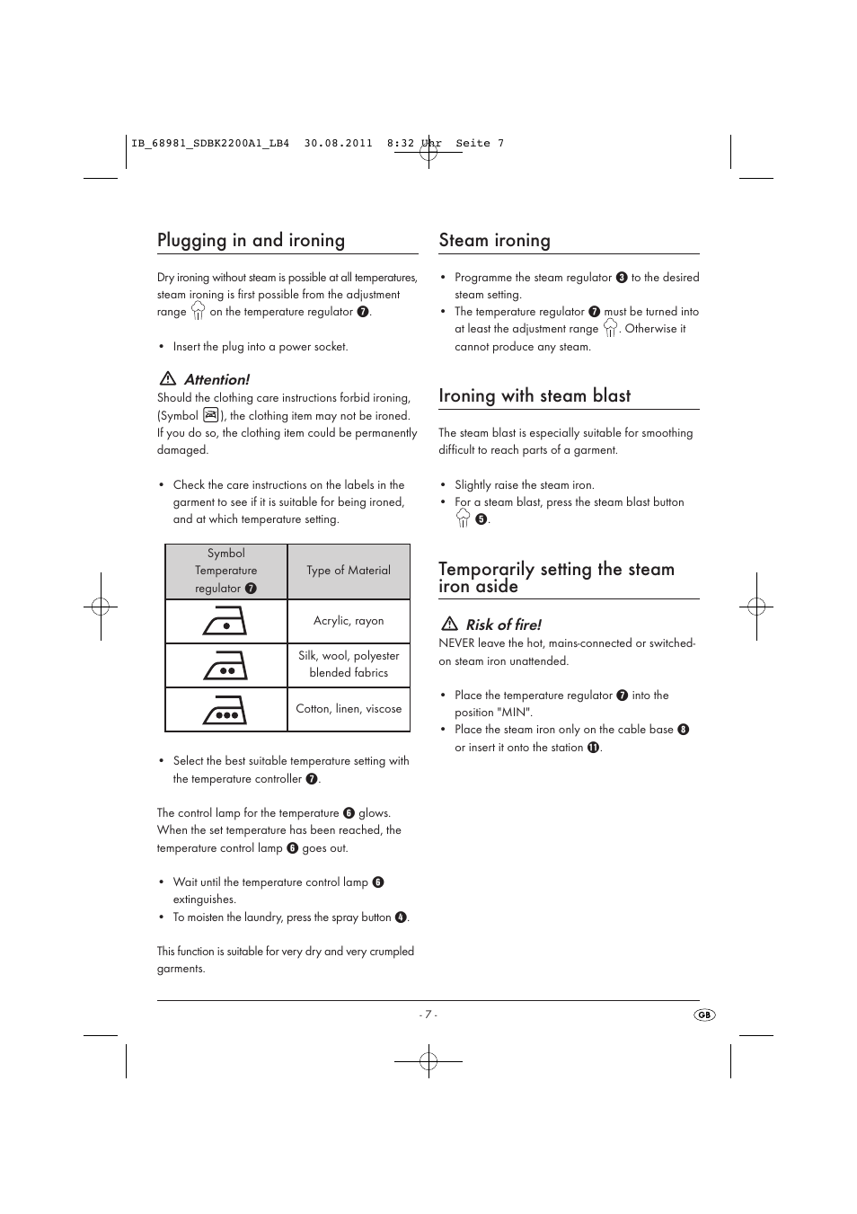 Plugging in and ironing, Steam ironing, Ironing with steam blast | Temporarily setting the steam iron aside, Attention, Risk of fire | Silvercrest SDBK 2200 A1 User Manual | Page 9 / 72