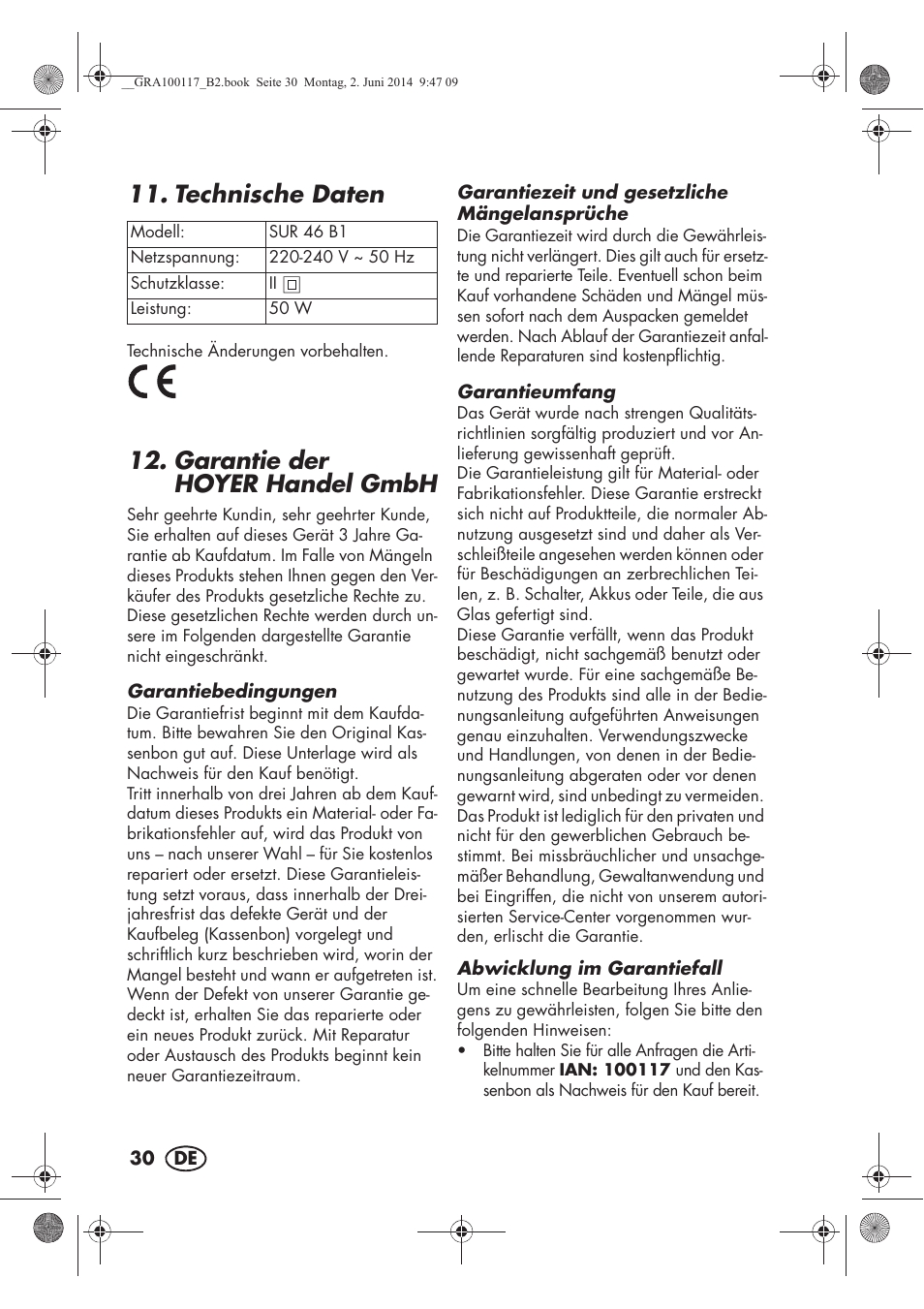 Technische daten, Garantie der hoyerhandel gmbh | Silvercrest SUR 46 B1 User Manual | Page 32 / 46