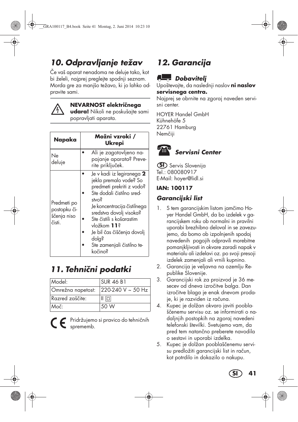 Odpravljanje težav, Tehnini podatki, Garancija | Silvercrest SUR 46 B1 User Manual | Page 43 / 78