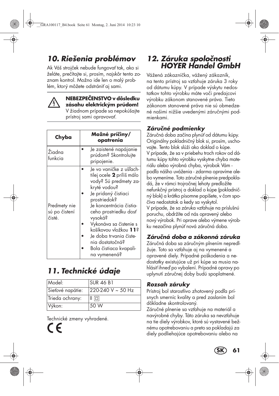 Riešenia problémov, Technické údaje, Záruka spolonosti hoyer handel gmbh | Silvercrest SUR 46 B1 User Manual | Page 63 / 78