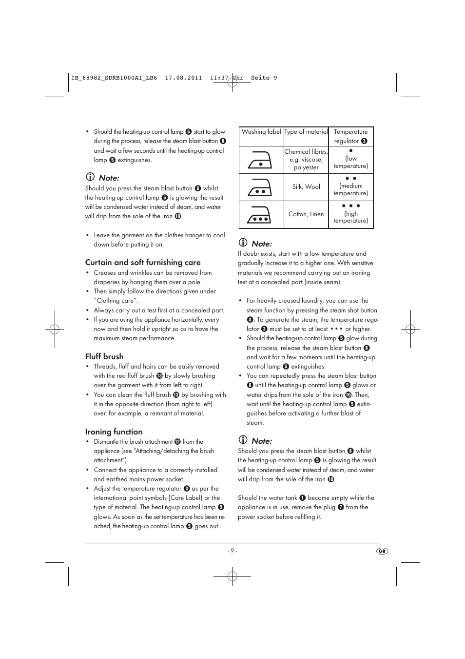 Curtain and soft furnishing care, Fluff brush, Ironing function | Silvercrest SDRB 1000 A1 User Manual | Page 11 / 26