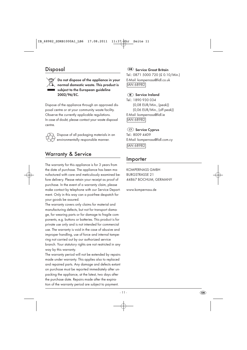 Disposal, Warranty & service, Importer | Silvercrest SDRB 1000 A1 User Manual | Page 13 / 26