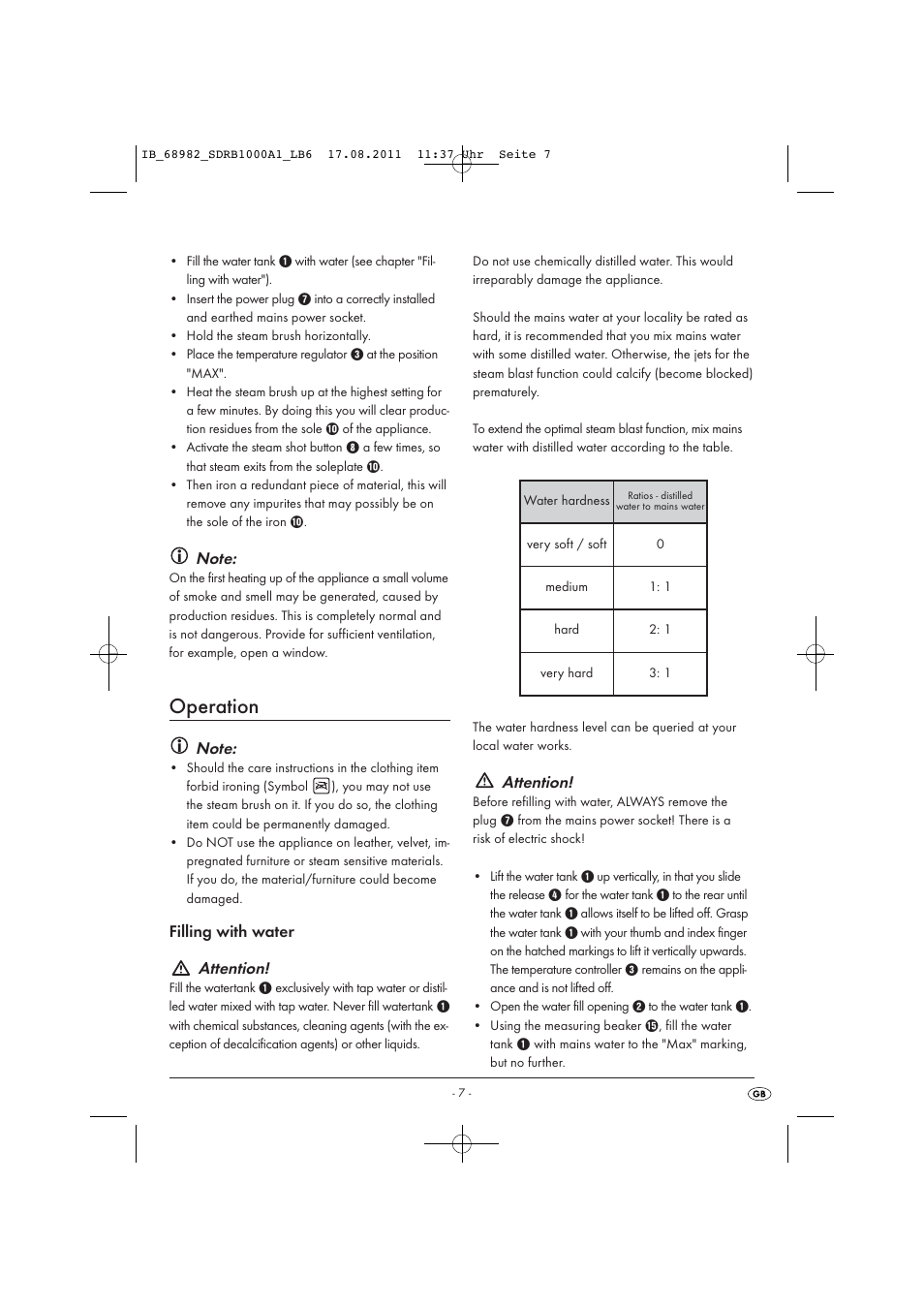 Operation, Filling with water attention, Attention | Silvercrest SDRB 1000 A1 User Manual | Page 9 / 26