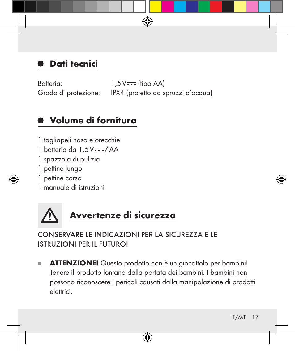 Dati tecnici, Volume di fornitura, Avvertenze di sicurezza | Silvercrest Z31284 User Manual | Page 17 / 47