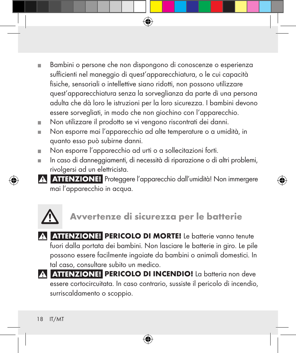Avvertenze di sicurezza per le batterie | Silvercrest Z31284 User Manual | Page 18 / 47