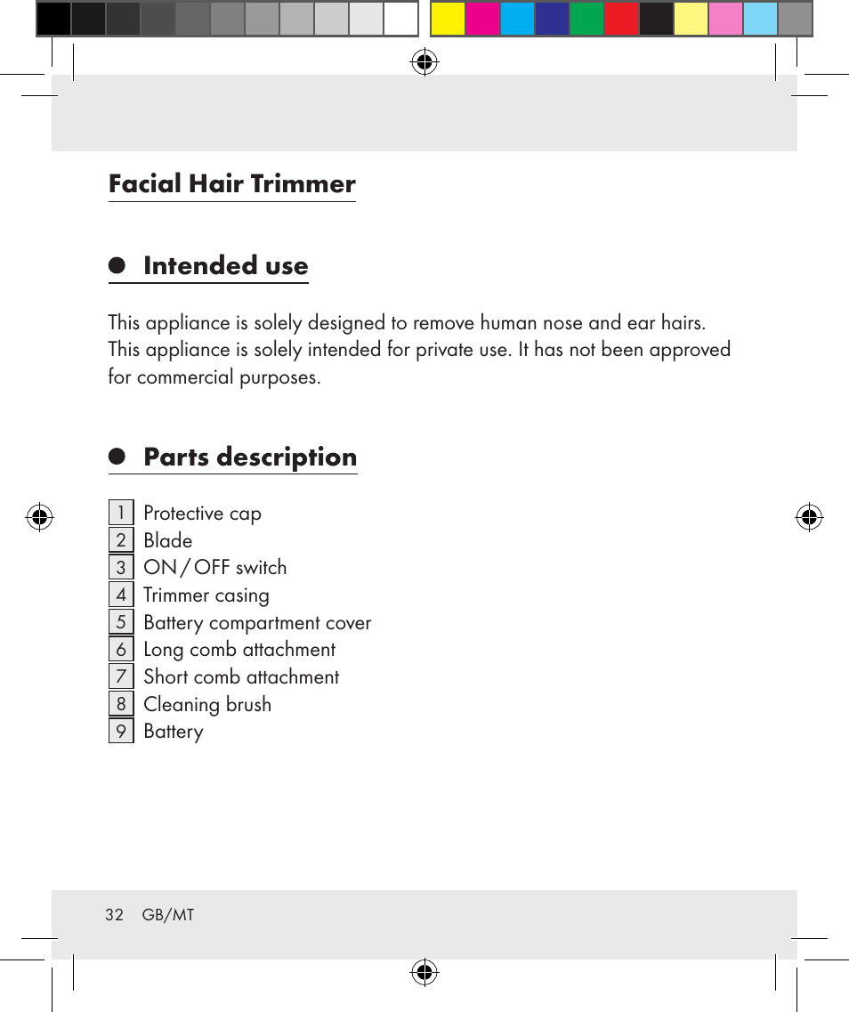 Facial hair trimmer intended use, Parts description | Silvercrest Z31284 User Manual | Page 32 / 47