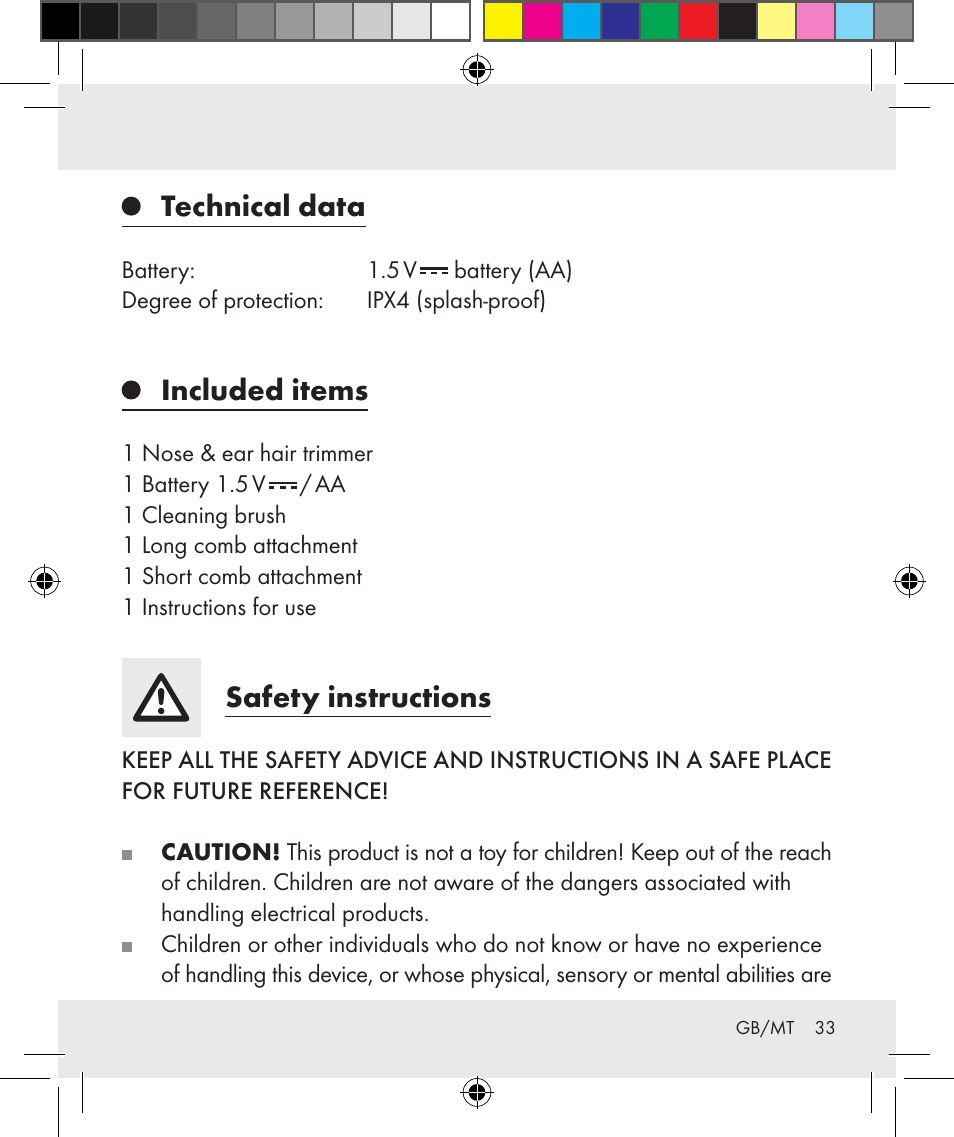 Technical data, Included items, Safety instructions | Silvercrest Z31284 User Manual | Page 33 / 47