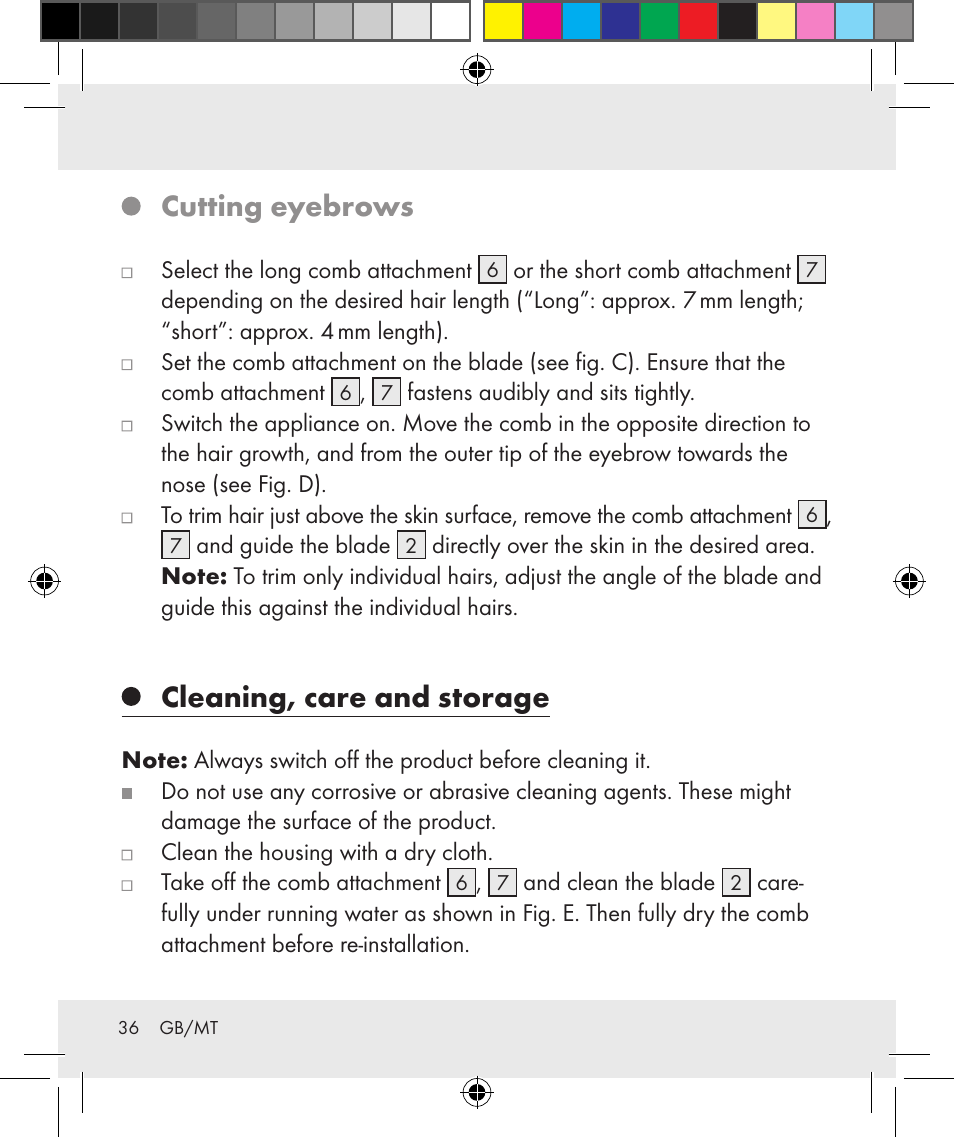 Cutting eyebrows, Cleaning, care and storage | Silvercrest Z31284 User Manual | Page 36 / 47