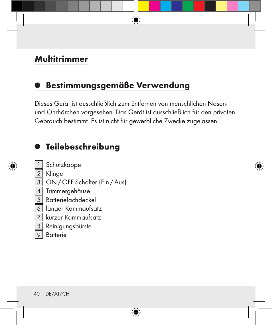 Multitrimmer bestimmungsgemäße verwendung, Teilebeschreibung | Silvercrest Z31284 User Manual | Page 40 / 47