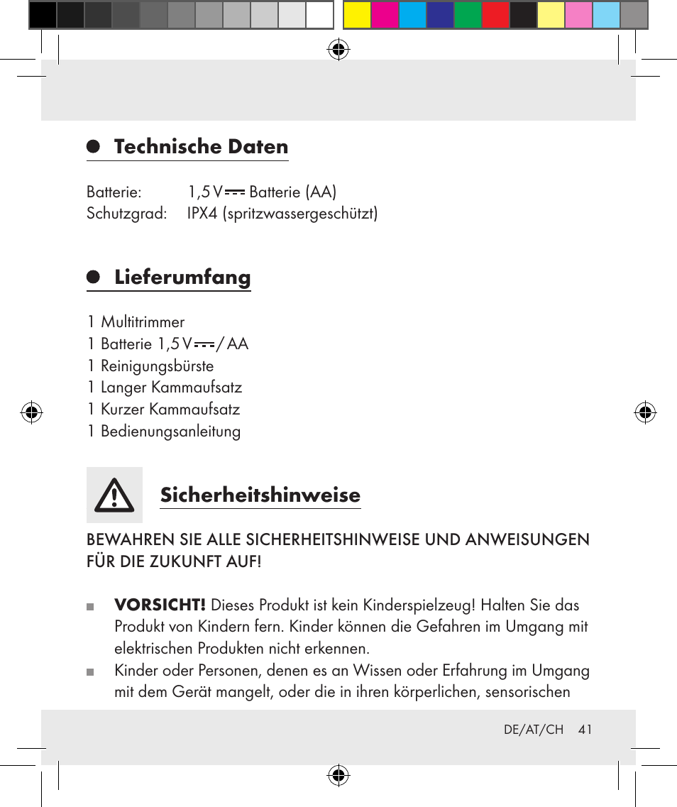 Technische daten, Lieferumfang, Sicherheitshinweise | Silvercrest Z31284 User Manual | Page 41 / 47