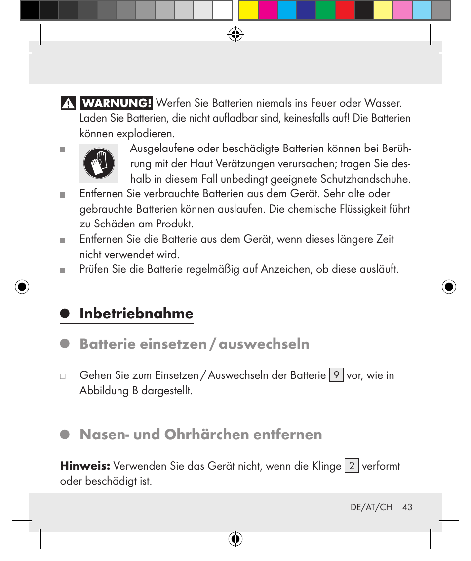 Inbetriebnahme batterie einsetzen / auswechseln, Nasen- und ohrhärchen entfernen | Silvercrest Z31284 User Manual | Page 43 / 47