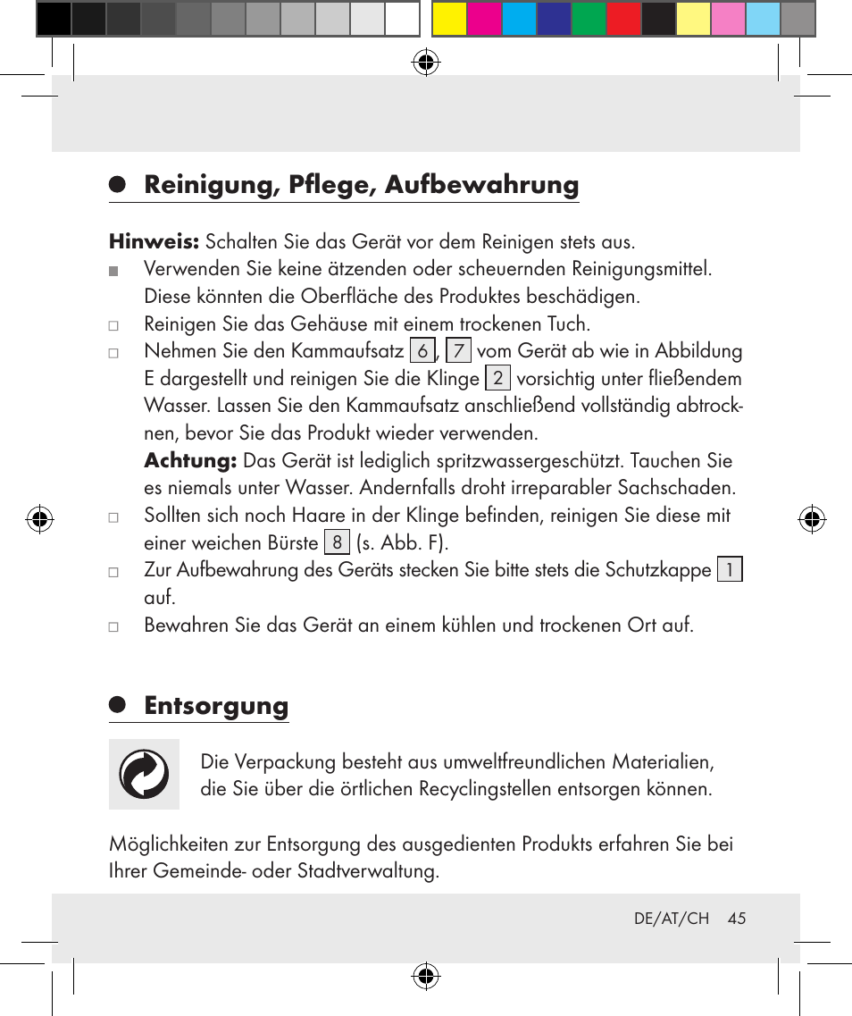 Reinigung, pflege, aufbewahrung, Entsorgung | Silvercrest Z31284 User Manual | Page 45 / 47